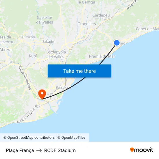 Plaça França to RCDE Stadium map