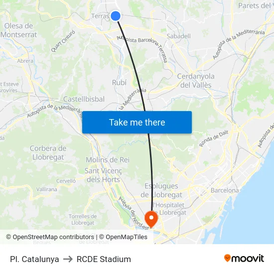 Pl. Catalunya to RCDE Stadium map