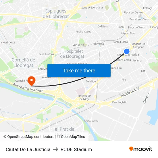 Ciutat De La Justícia to RCDE Stadium map