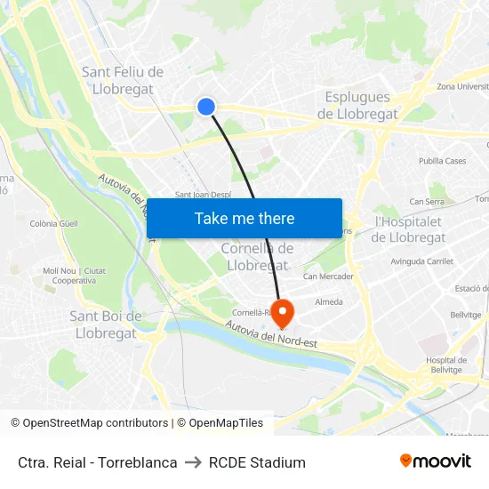 Ctra. Reial - Torreblanca to RCDE Stadium map