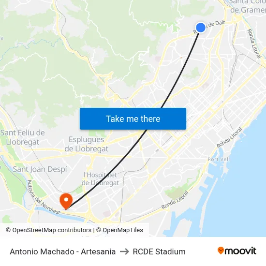 Antonio Machado - Artesania to RCDE Stadium map