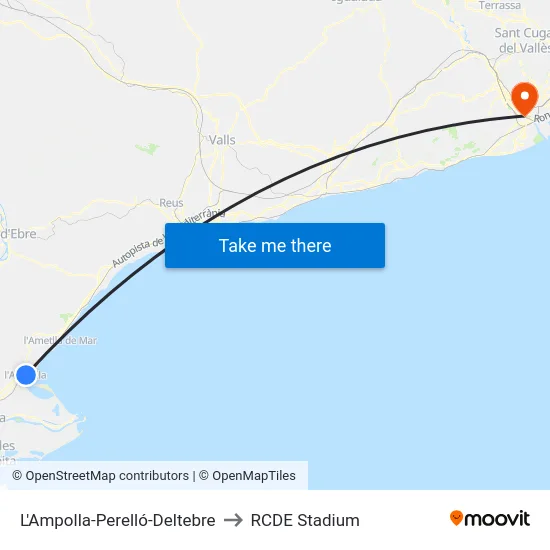 L'Ampolla-Perelló-Deltebre to RCDE Stadium map