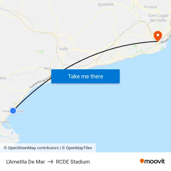 L'Ametlla De Mar to RCDE Stadium map