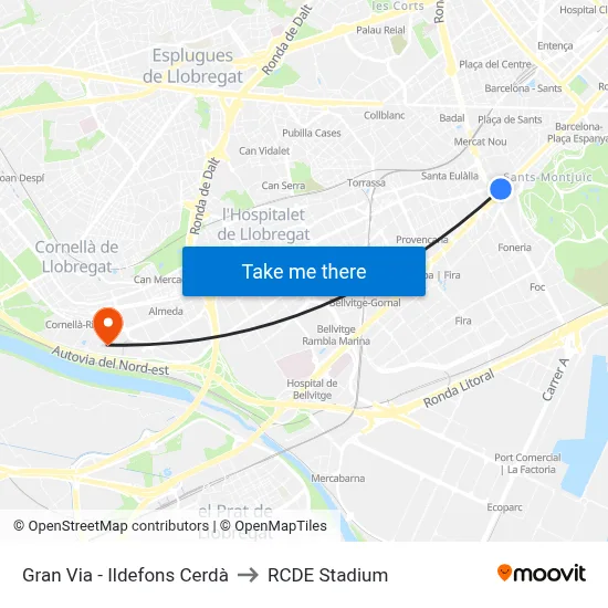 Gran Via - Ildefons Cerdà to RCDE Stadium map