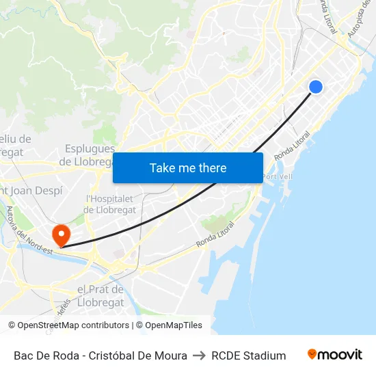 Bac De Roda - Cristóbal De Moura to RCDE Stadium map