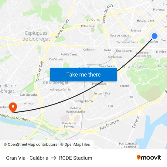 Gran Via - Calàbria to RCDE Stadium map