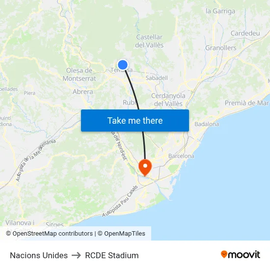 Nacions Unides to RCDE Stadium map