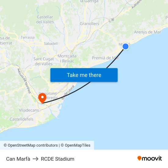 Can Marfà to RCDE Stadium map