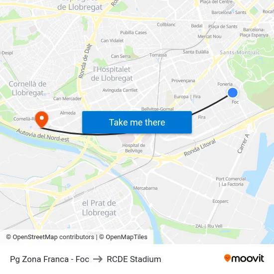 Pg  Zona Franca - Foc to RCDE Stadium map