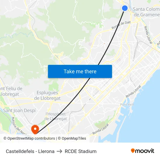 Castelldefels - Llerona to RCDE Stadium map