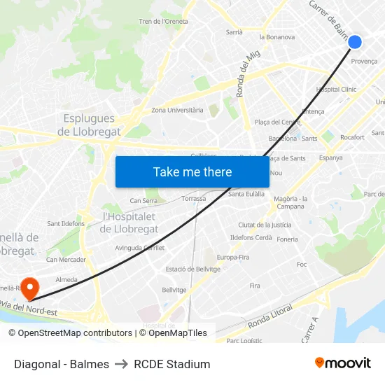 Diagonal - Balmes to RCDE Stadium map