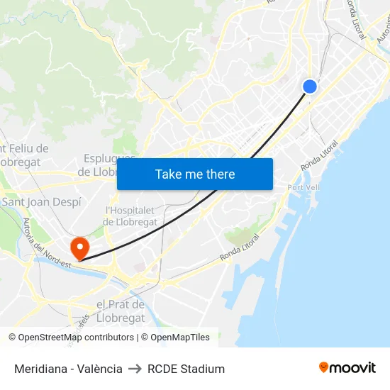 Meridiana - València to RCDE Stadium map