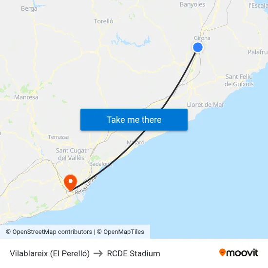 Vilablareix (El Perelló) to RCDE Stadium map
