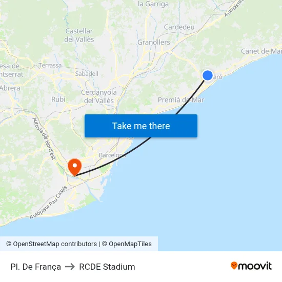 Pl. De França to RCDE Stadium map