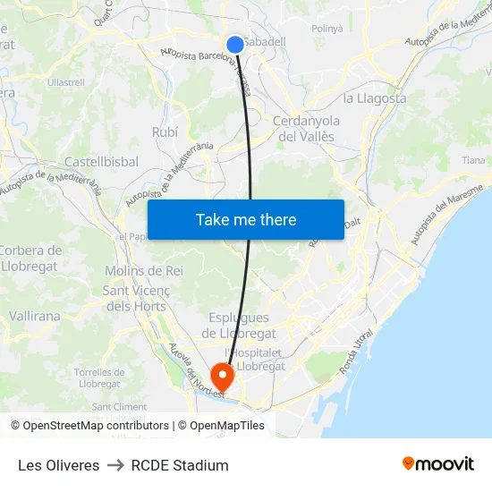 Les Oliveres to RCDE Stadium map