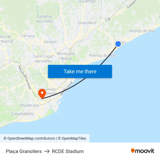 Plaça Granollers to RCDE Stadium map
