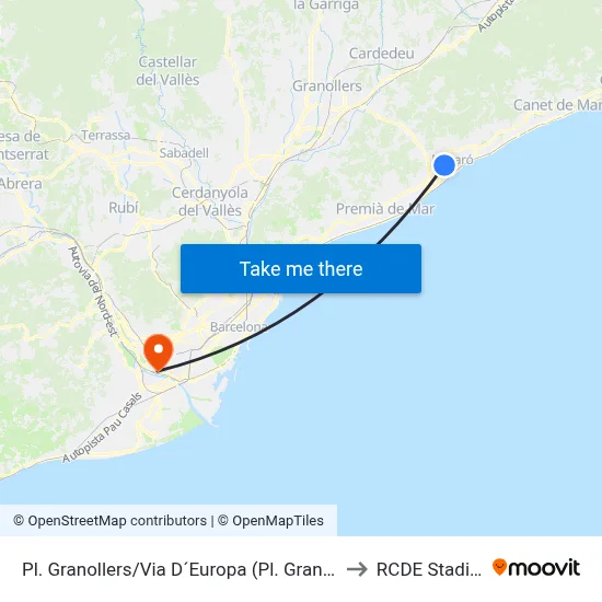 Pl. Granollers/Via D´Europa (Pl. Granollers) to RCDE Stadium map