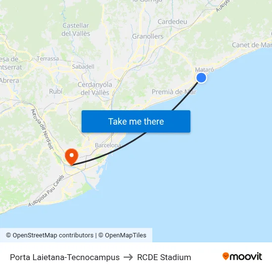 Porta Laietana-Tecnocampus to RCDE Stadium map