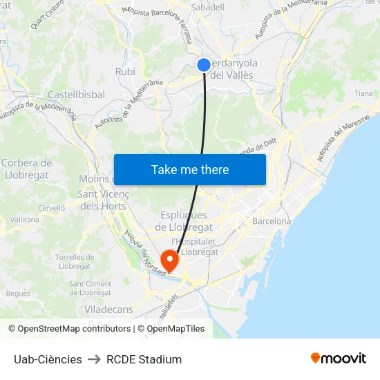 Ciències - Biociències to RCDE Stadium map