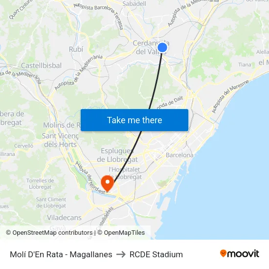 Molí D'En Rata - Magallanes to RCDE Stadium map