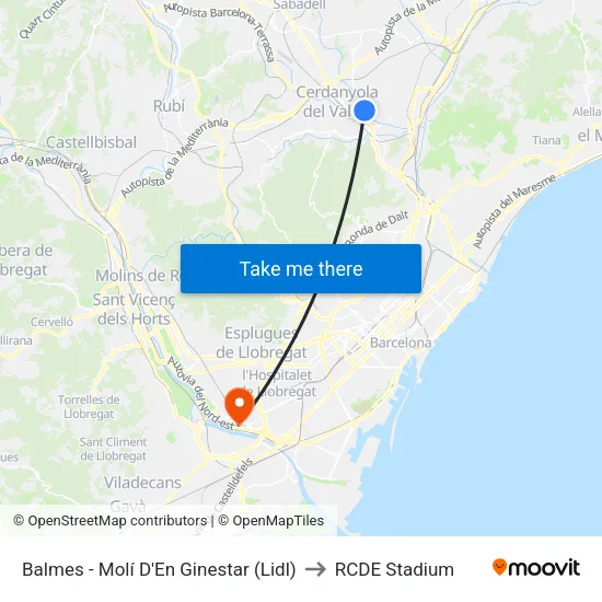 Balmes - Molí D'En Ginestar to RCDE Stadium map