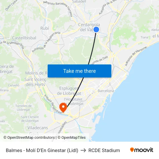 Balmes - Molí D'En Ginestar to RCDE Stadium map