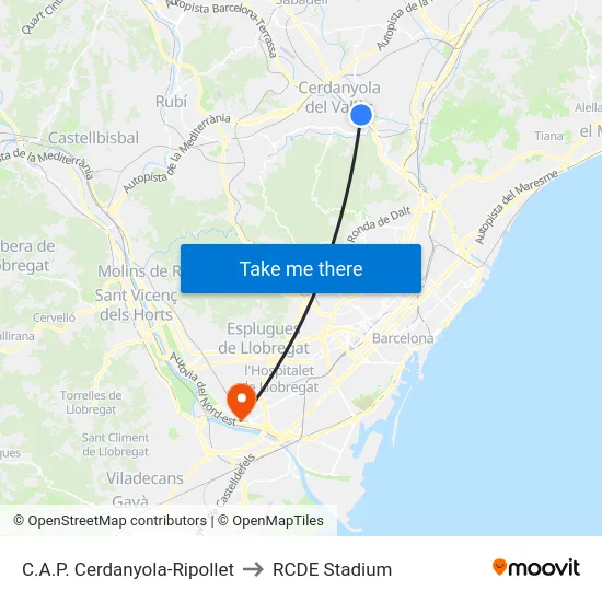 C.A.P. Cerdanyola-Ripollet to RCDE Stadium map