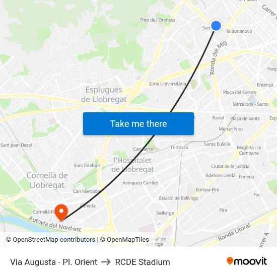 Via Augusta - Pl. Orient to RCDE Stadium map