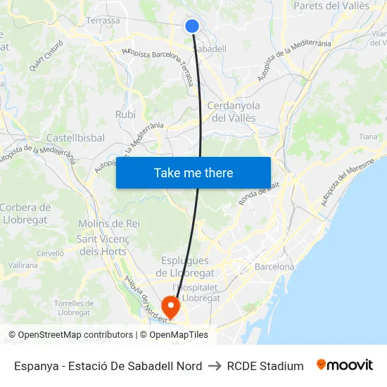 Espanya - Estació De Sabadell Nord to RCDE Stadium map