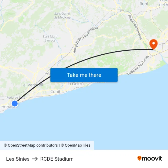 Les Sínies to RCDE Stadium map