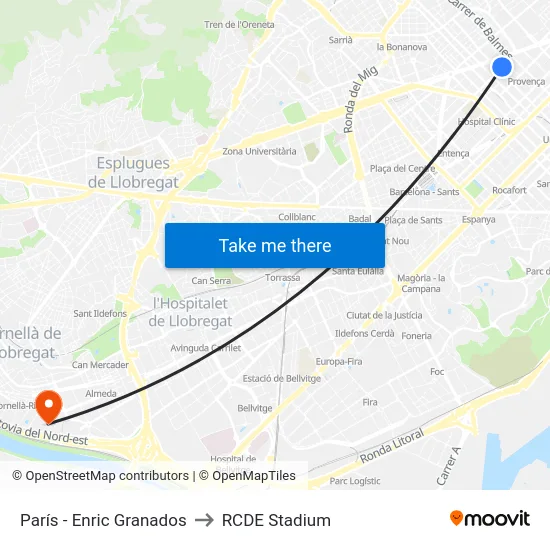 París - Enric Granados to RCDE Stadium map