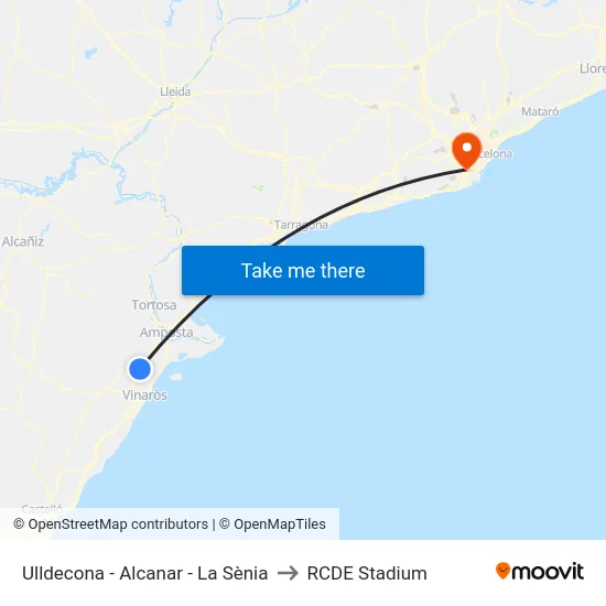 Ulldecona - Alcanar - La Sènia to RCDE Stadium map