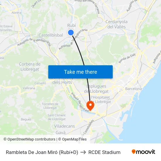 Rambleta De Joan Miró (Rubí+D) to RCDE Stadium map