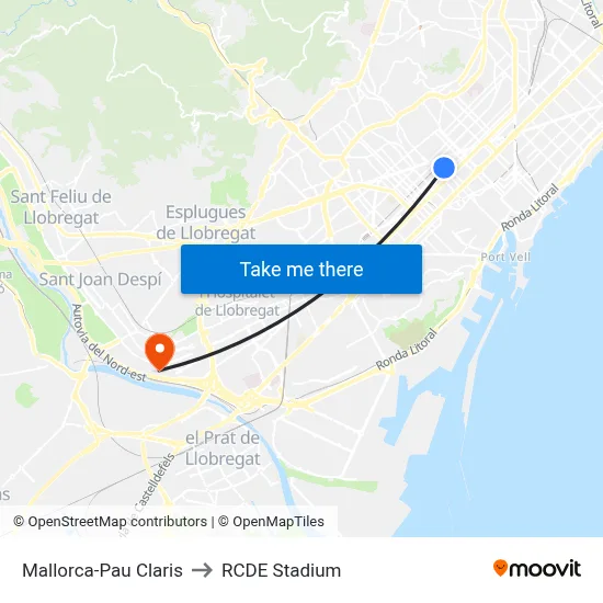 Mallorca-Pau Claris to RCDE Stadium map