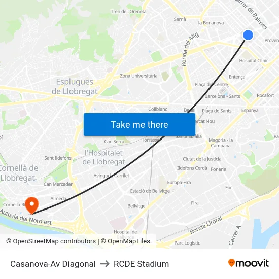 Casanova-Av Diagonal to RCDE Stadium map