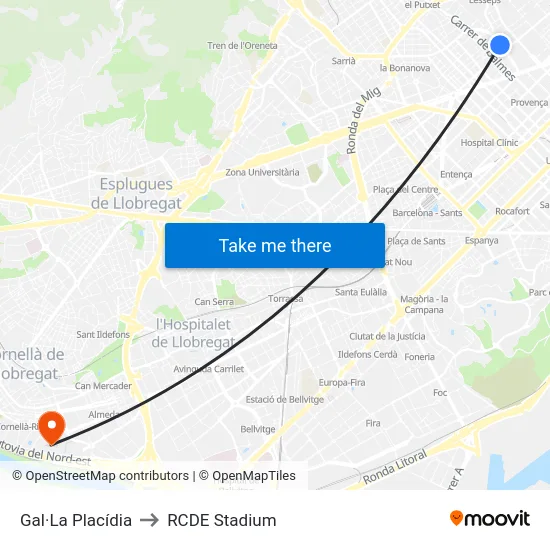 Gal·La Placídia to RCDE Stadium map