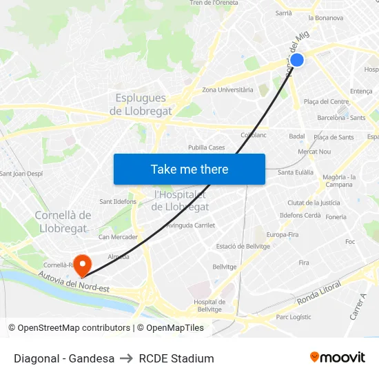 Diagonal - Gandesa to RCDE Stadium map