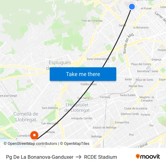 Pg De La Bonanova-Ganduxer to RCDE Stadium map