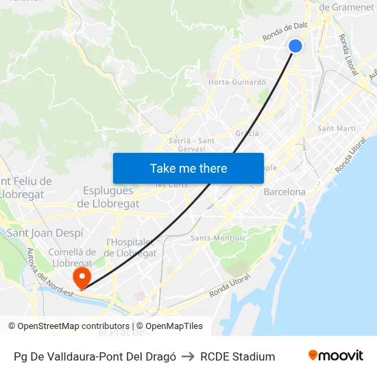 Pg De Valldaura-Pont Del Dragó to RCDE Stadium map