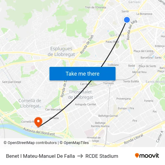 Benet I Mateu-Manuel De Falla to RCDE Stadium map