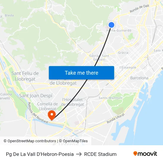 Pg De La Vall D'Hebron-Poesia to RCDE Stadium map
