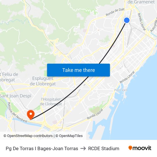 Pg De Torras I Bages-Joan Torras to RCDE Stadium map
