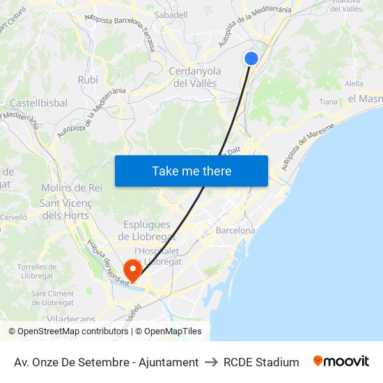 Av. Onze De Setembre - Ajuntament to RCDE Stadium map