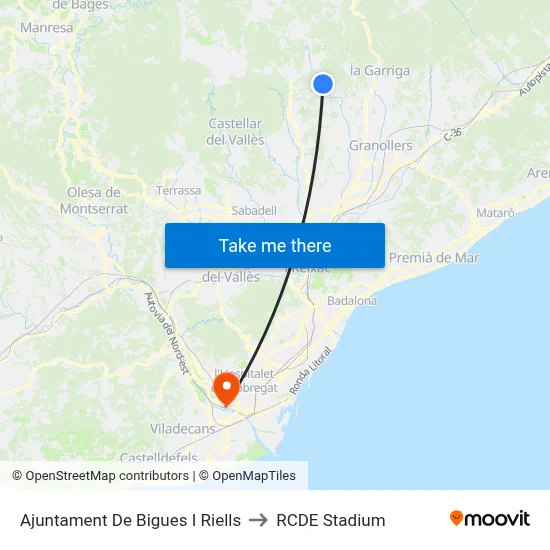 Ajuntament De Bigues I Riells to RCDE Stadium map