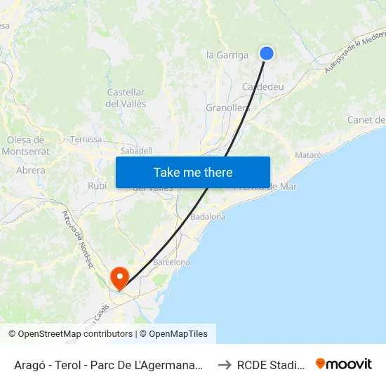 Aragó - Terol - Parc De L'Agermanament to RCDE Stadium map