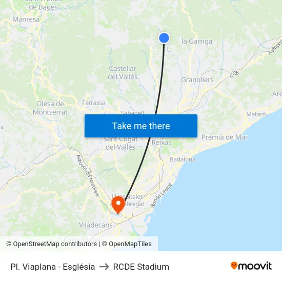 Pl. Viaplana - Església to RCDE Stadium map