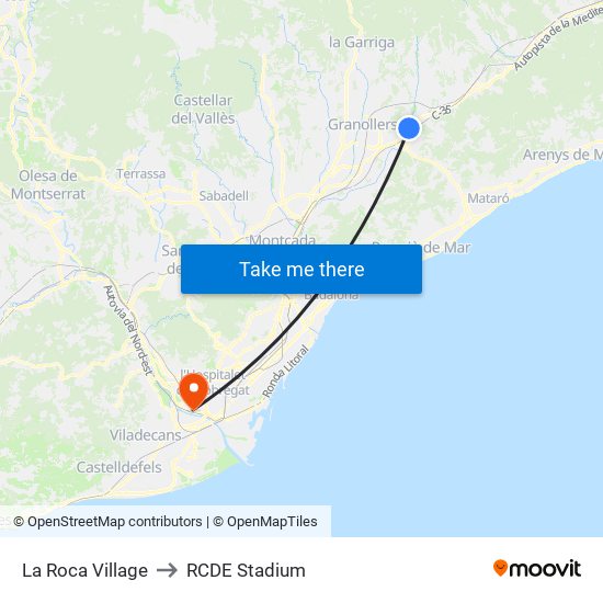 La Roca Village to RCDE Stadium map