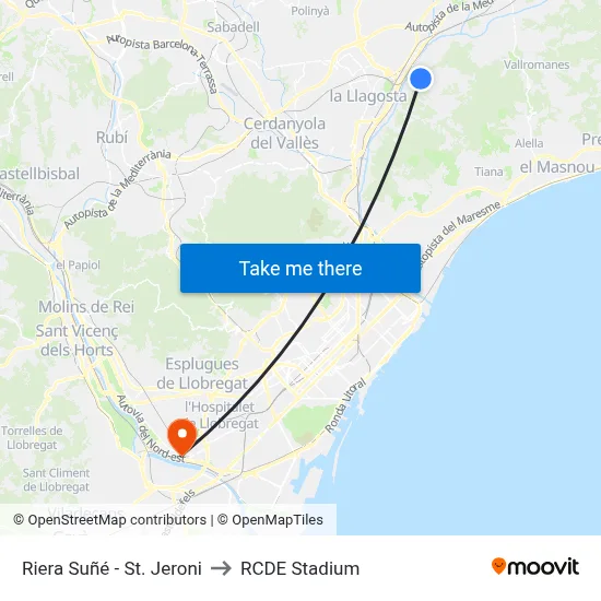 Riera Suñé - St. Jeroni to RCDE Stadium map
