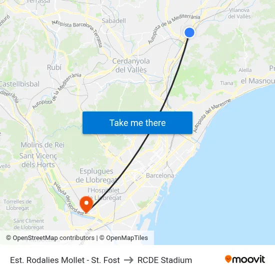 Est. Rodalies Mollet - St. Fost to RCDE Stadium map