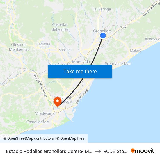 Estació Rodalies Granollers Centre- Marquesina C to RCDE Stadium map